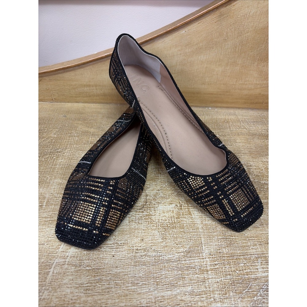 INC Ballet Flats Women Size 10 Black Gold Rhinestone Plaid Square Toe Casual
